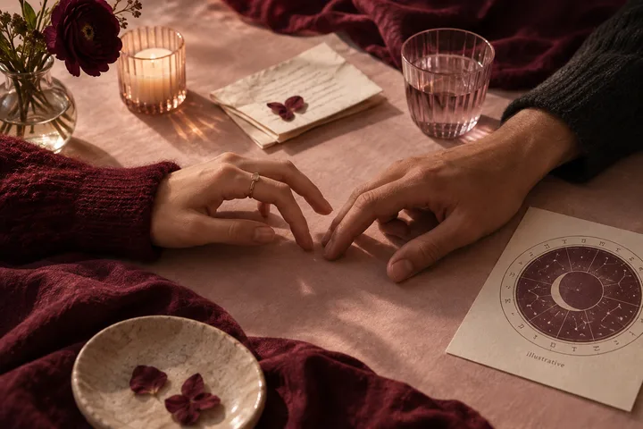 Two pairs of hands meet across a blush-colored table beside a candle, flowers, a folded card, and an illustrative zodiac chart on burgundy fabric.