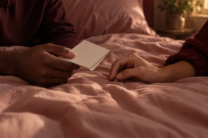 Two people sit on a bed facing each other, one holding a blank card while the other rests a hand on the covers.