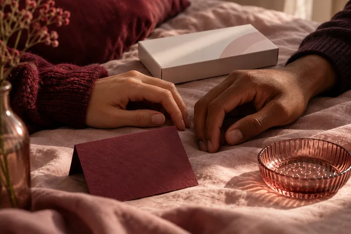 Two pairs of hands rest on blush bedding beside a white box, a folded burgundy card, a glass bowl, and flowers.