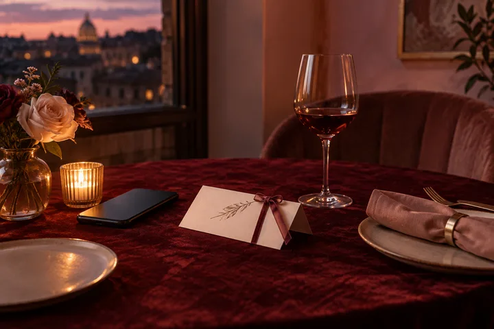 An intimate burgundy dining table set for two with one empty chair, an untouched wine glass, a phone, and a blush envelope at dusk.