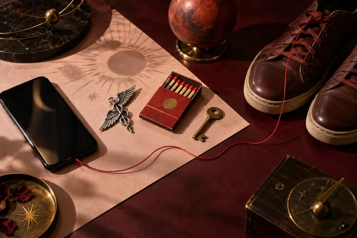 A symbolic tabletop with a phone, silver winged messenger charm, red matchbook, brass key, red thread, and unmoved leather shoes.