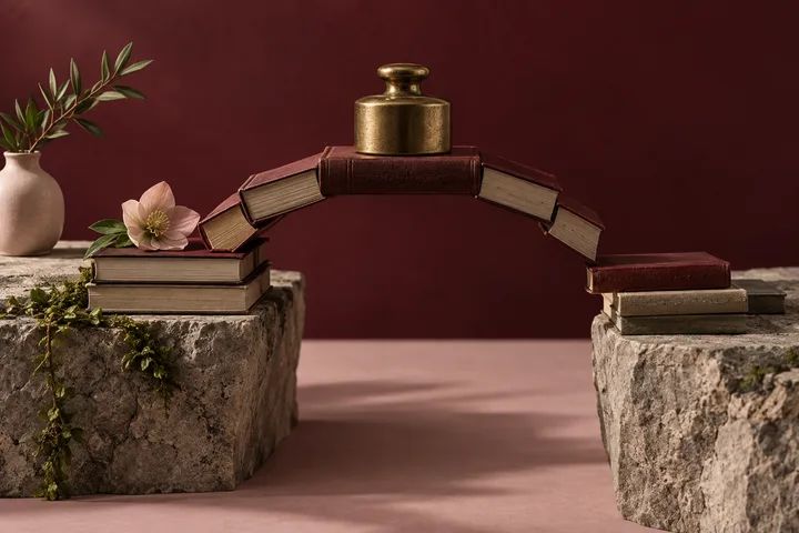 A sculptural bridge made from burgundy books spans two stone supports with a brass weight on top and a blush flower at the completed edge.