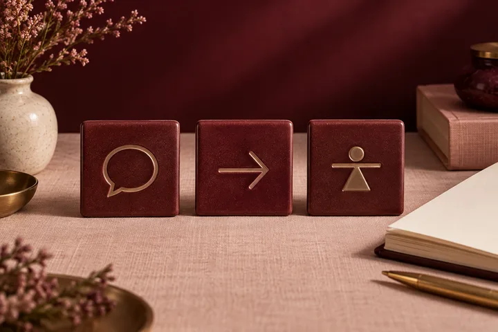 Three burgundy ceramic tiles show abstract symbols for communication, action, and responsibility beside a blank cream notebook.