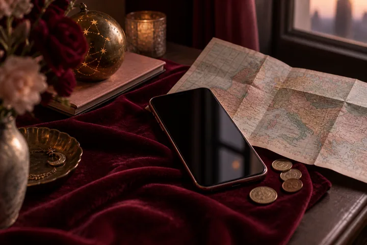 A blank smartphone rests beside an open travel map and scattered coins on burgundy velvet, with a constellation globe and candlelight behind it.