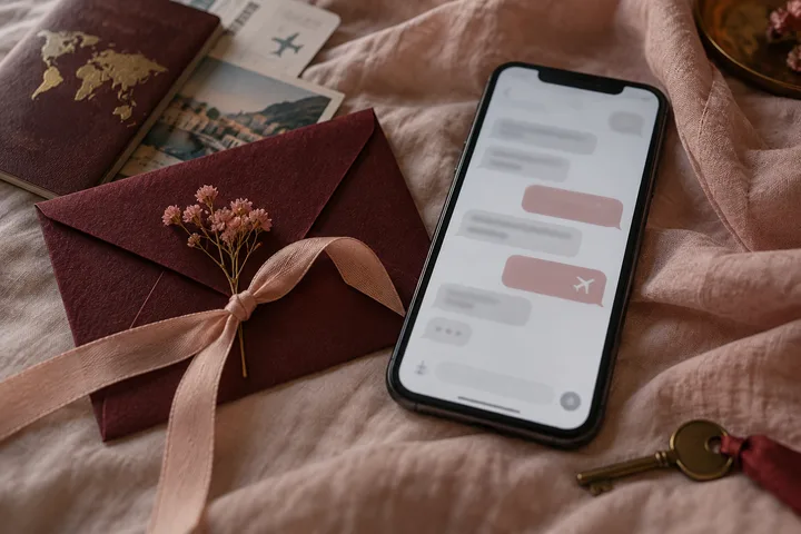 A burgundy ribbon-tied envelope sits beside a passport, travel photographs, and an airplane card on blush fabric, with phone messages blurred behind them.