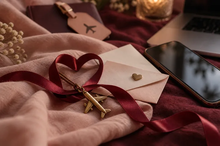 A phone and laptop sit beside a travel tag, airplane charm, heart-shaped ribbon, and sealed envelope in a burgundy-and-blush still life.