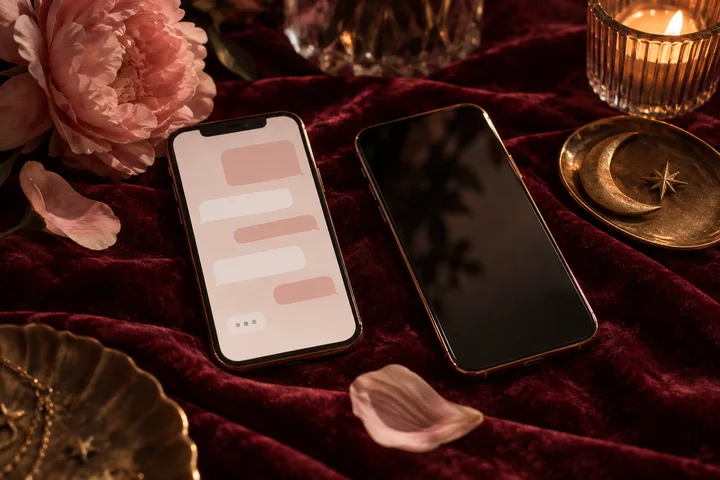 Two phones rest on burgundy velvet beside pink flowers, a candle, and a brass dish with a star-shaped ornament; one phone shows blank message bubbles.