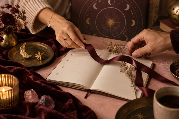 Two hands arrange a burgundy ribbon across an open planner beside brass moon and star objects, suggesting a shared plan and reciprocal partnership.
