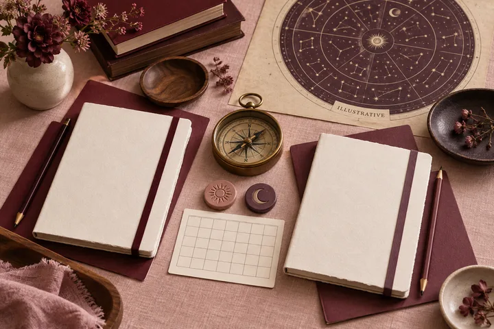 Two blank notebooks, a brass compass, paired tokens, and an illustrative star map arranged on blush linen represent the information brought to a synastry reading.
