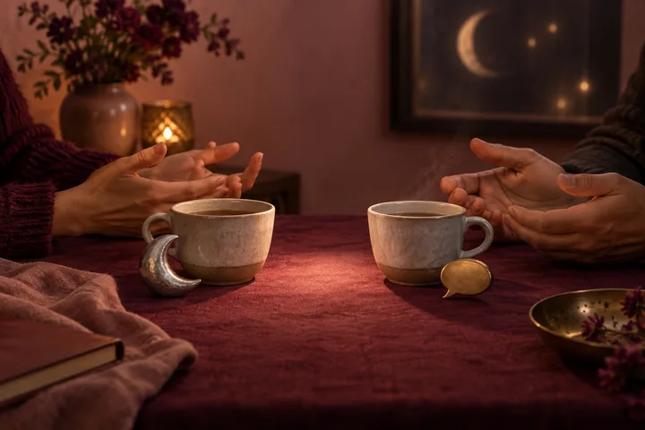 Two steaming cups and open hands face each other across a burgundy table, with moon and speech-bubble charms symbolizing feeling and communication.