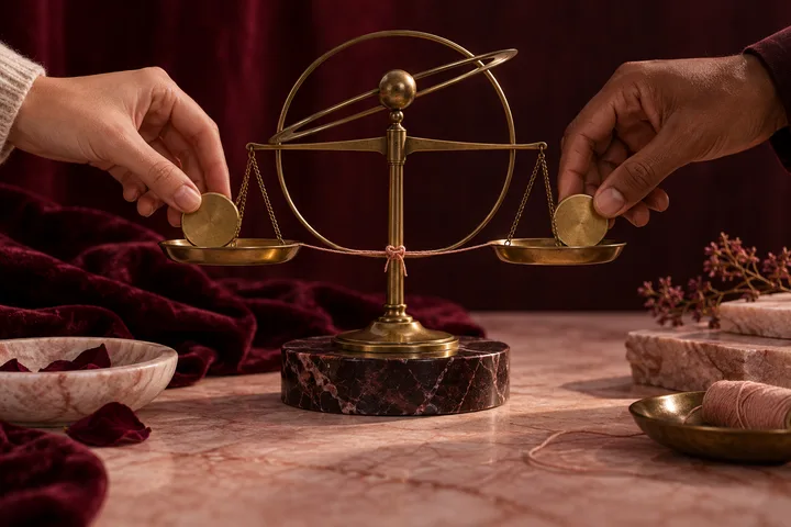 Two hands place equal brass tokens on a balanced scale encircled by a Saturn-like orbit, symbolizing shared cost, commitment, and repair.