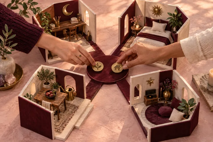 A handcrafted four-room miniature home is linked by burgundy paths while two hands place matching brass tokens, representing shared roles and growth.