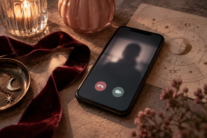A smartphone on a tabletop shows a blurred video-call silhouette with red decline and green video buttons, beside a candle, burgundy ribbon, crescent-moon dish, and circular star chart.