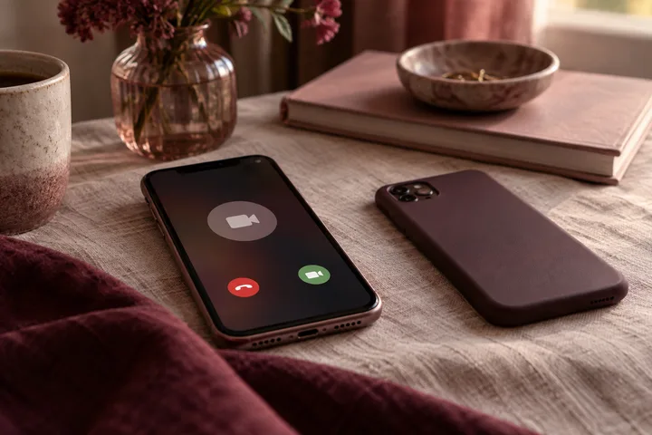 Two smartphones rest on a pale-covered table; one displays video-call buttons, while the other lies face down beside a cup, flowers, stacked books, and a bowl.