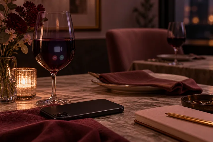 A dimly lit dining table holds a face-down smartphone, a wine glass with faint video-call symbols visible through it, a candle, flowers, plates, and a notebook with a pen.