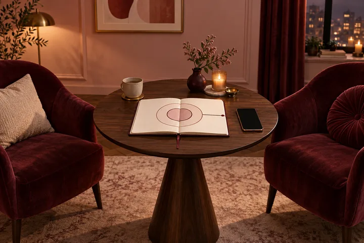 Two burgundy velvet chairs face an intimate table with an open journal, a dark private smartphone, and a drawn boundary line between the pages.