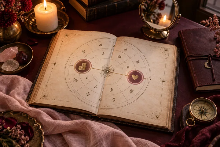 An open illustrative astrology-style journal shows a heart and stacked coins linked across a burgundy tabletop, surrounded by private, tactile objects.