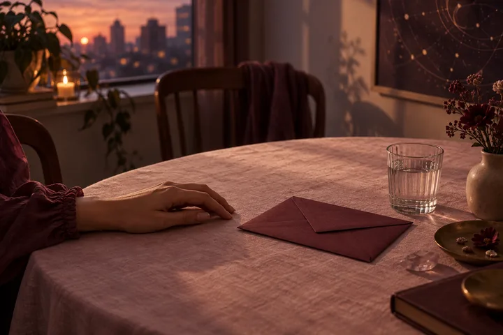 A woman’s hand rests beside a sealed burgundy envelope on a blush table, suggesting a private boundary in a warm evening room.