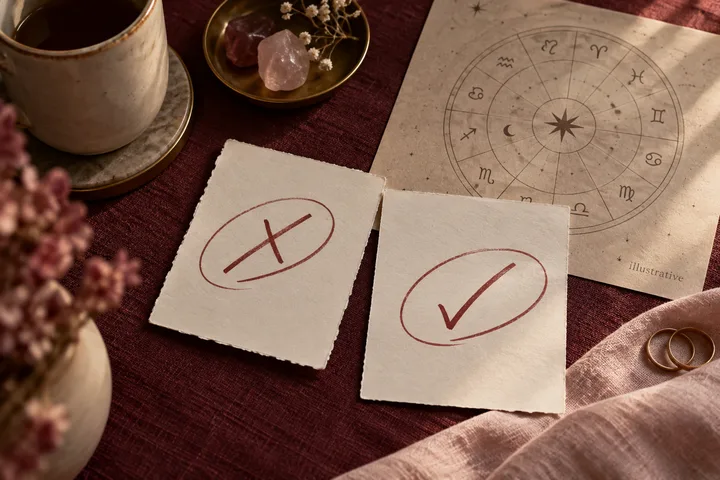 Illustrative zodiac wheel beside two marked cards, rose quartz, a coffee cup, and wedding rings on burgundy fabric.