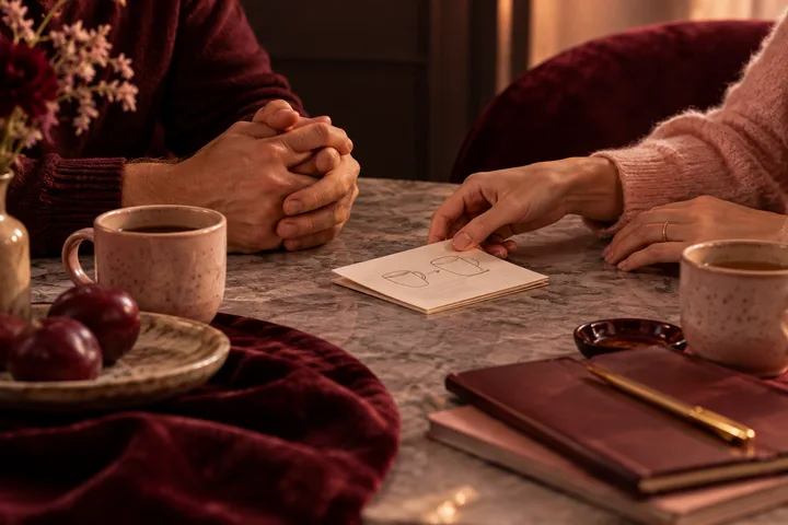 Two people sit across a marble table as one points to a small card and the other keeps his hands clasped.