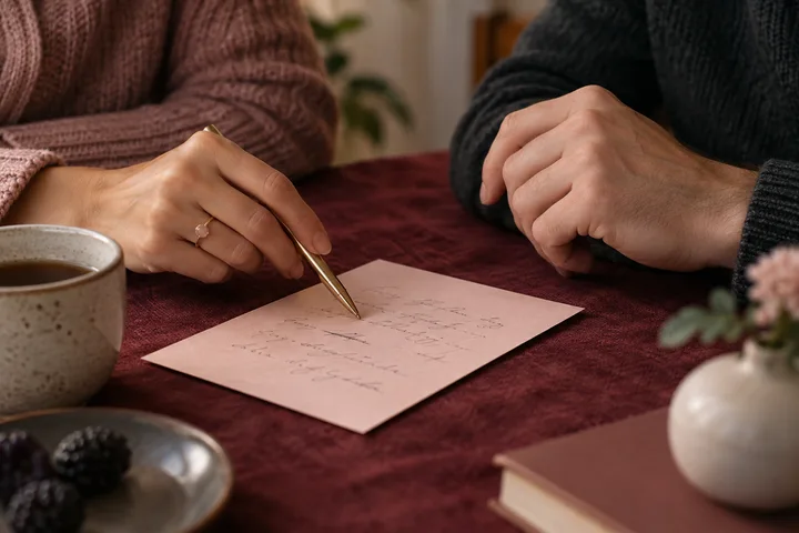 A gold pen marks a handwritten note between two seated people at a burgundy-covered table.