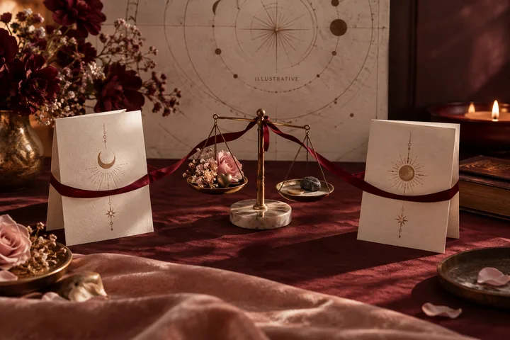 A brass balance scale with flowers on one side and dark stones on the other, surrounded by cards, roses, and burgundy fabric; an illustrative circular chart hangs in the background.