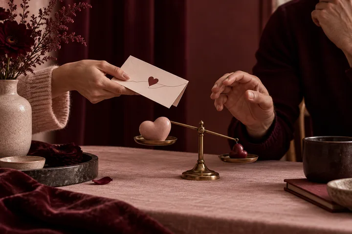 One hand offers a heart-marked envelope toward another raised hand beside a small balance scale holding a pink heart and two dark red hearts.