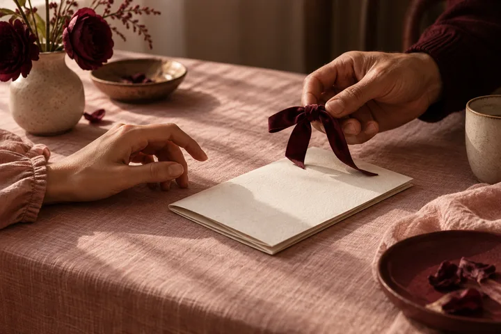 Two hands frame an open blank notebook as a burgundy ribbon is tied above it on a pink tablecloth with flowers and cups nearby.