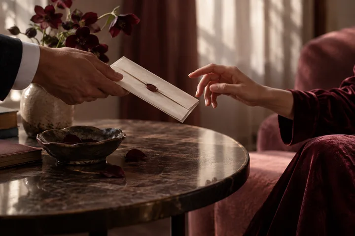 A hand passes a sealed cream envelope with a burgundy wax seal toward another outstretched hand across a round marble table.