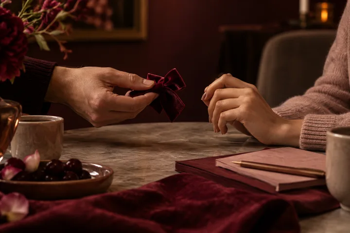 One hand holds out a burgundy velvet bow toward another pair of hands across a table with notebooks, cups, flowers, and dark red fruit.