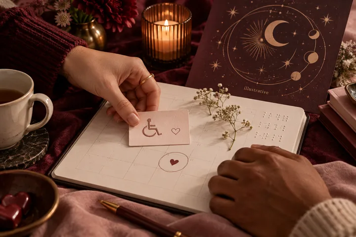 Two hands mark a heart on a calendar beside a card with a wheelchair symbol and an illustrative moon-and-stars chart.