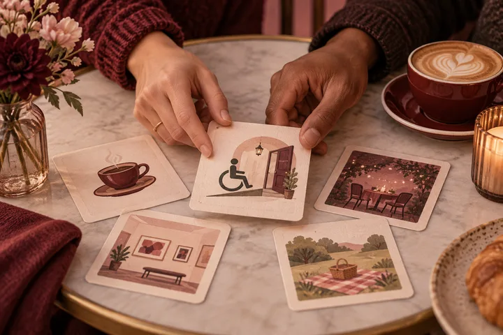 Two hands arrange illustrated cards on a café table. The center card shows a wheelchair symbol beside an open doorway; other cards depict café seating, a gallery bench, patio dining and a picnic.
