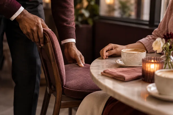 A person adjusts a chair beside someone seated at a café table.