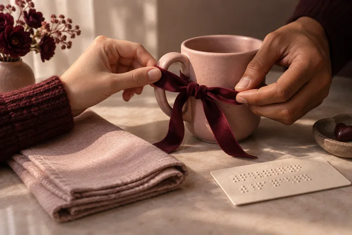 Two hands tie a burgundy ribbon around a pink mug beside a card with raised dots.