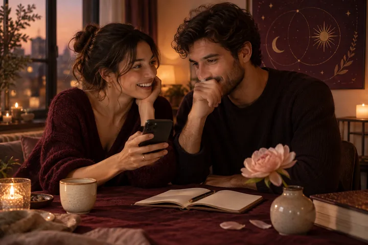 A couple studies a phone together at a candlelit burgundy table beneath a decorative celestial artwork, conveying shared curiosity about relationship patterns.