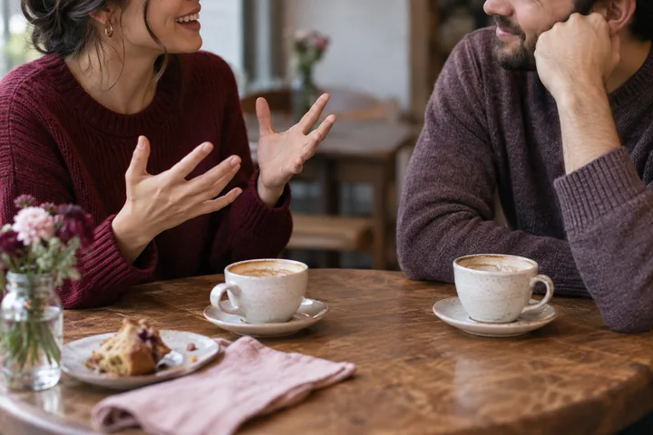 A woman gestures while sharing good news across a cafe table as a man turns toward her and listens attentively.
