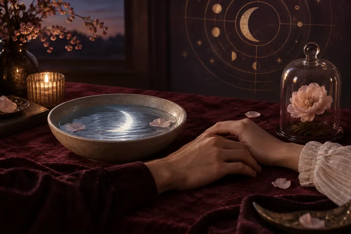 A moonlit bowl of water rests beside two calm hands and a blush flower protected under glass on a burgundy table, evoking emotional safety.