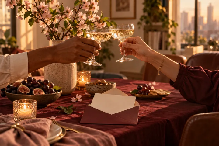 Two hands raise sparkling glasses in a warm burgundy dining room beside a blossoming blush branch and a blank envelope, symbolizing sincere encouragement.