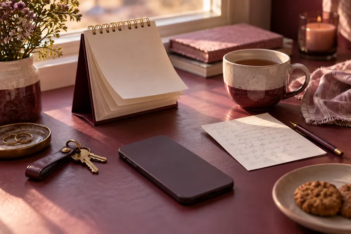 A burgundy tabletop holds a blank calendar, face-down phone, keys, tea, and an illegible note, symbolizing dependable follow-through observed over time.