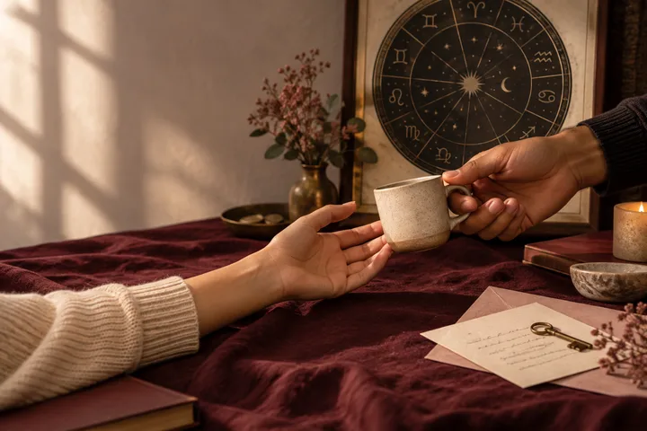Two hands exchange a small ceramic cup over burgundy cloth beneath a generic astrology chart, evoking practical care and mutual follow-through.