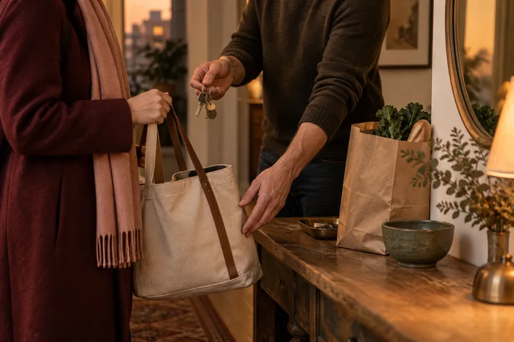 A man offers keys and makes room for a woman’s tote and groceries in a warmly lit apartment entryway, illustrating everyday care.