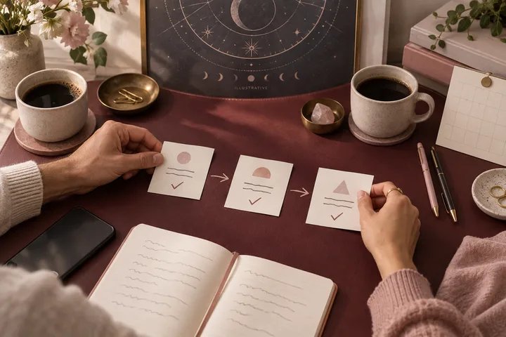 Two hands arrange three abstract planning cards between coffee cups beneath an illustrative astrology motif, representing clear communication.