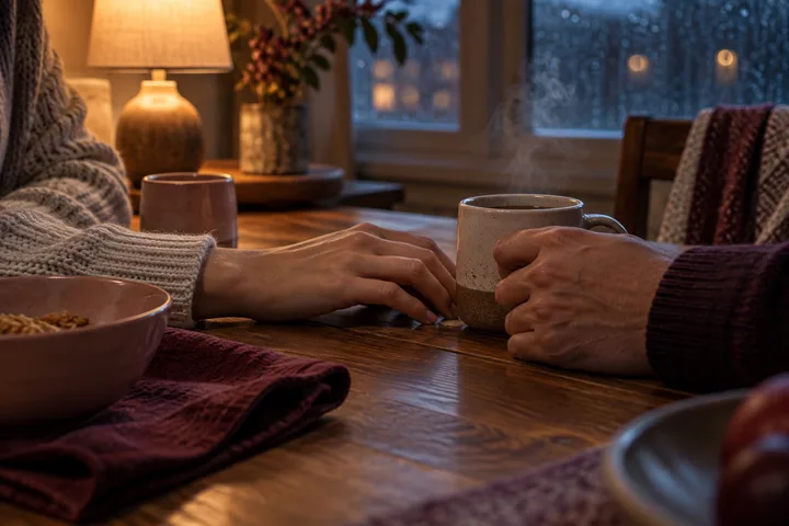 Two people sit with warm mugs across a wooden table on a rainy evening, their nearby hands suggesting emotional presence and listening.