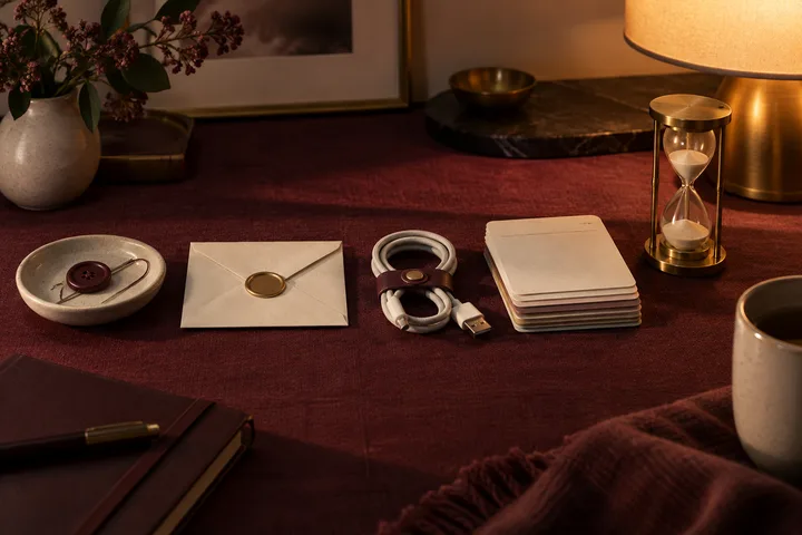 A burgundy tabletop holds a repaired button, sealed envelope, coiled cable, stacked blank cards, and brass hourglass, symbolizing consistent effort over time.
