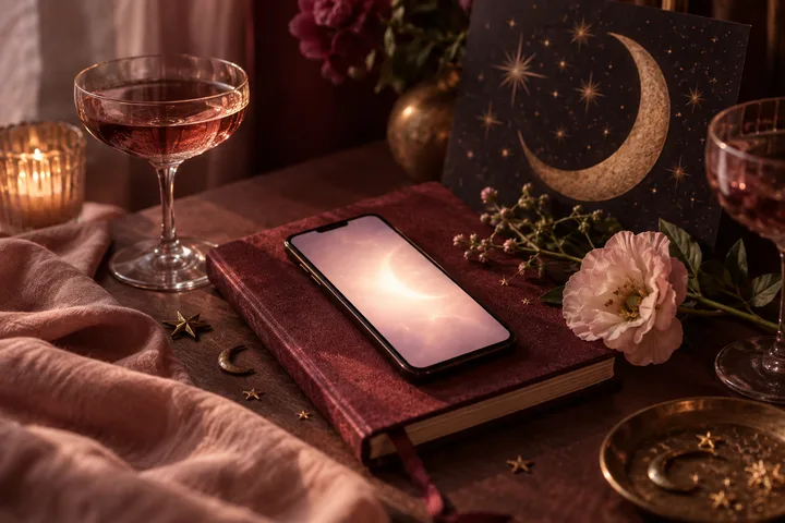A glowing smartphone rests on a burgundy book beside a crescent-moon star illustration, candlelight, a glass, and a pink flower.