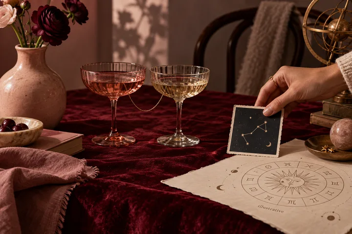 Illustrative astrology still life with two linked coupe glasses, burgundy flowers, a hand holding a star chart, and a zodiac wheel on a velvet table.