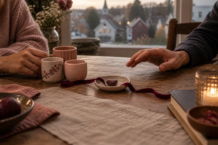 Two people reach toward each other across a wooden table with mugs, a heart dish, and a small-town view through the window.