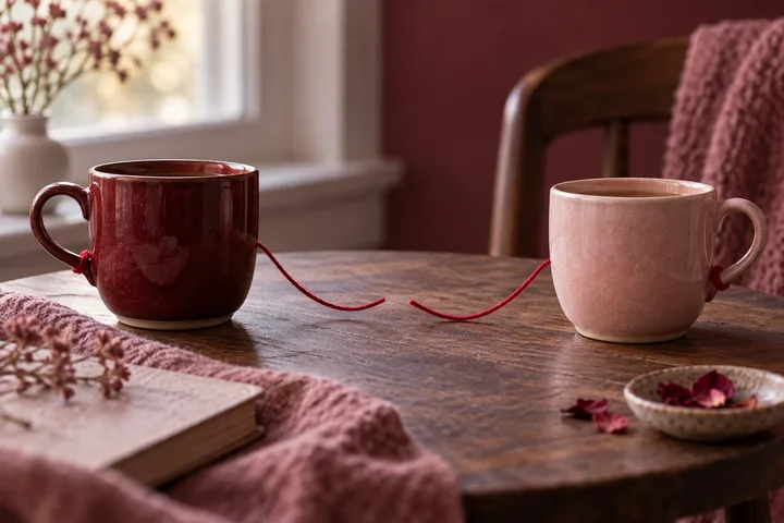 Two mugs sit apart on a wooden table, connected by a loose red thread, with books, flowers, and burgundy decor around them.