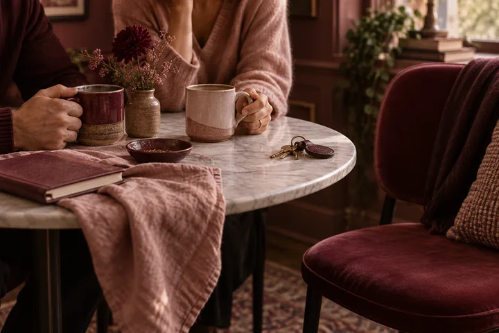 Two people sit at a round table with mugs and flowers while an empty chair beside them suggests space within a shared community.