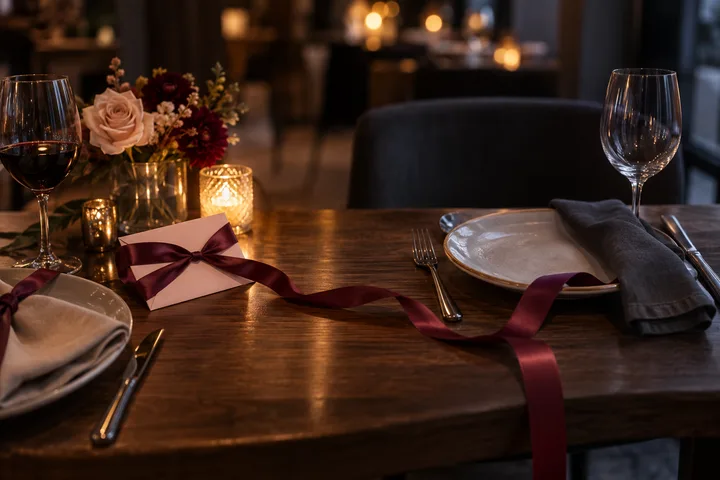 Warmly set dinner table with two wine glasses, flowers, and a burgundy ribbon trailing between place settings